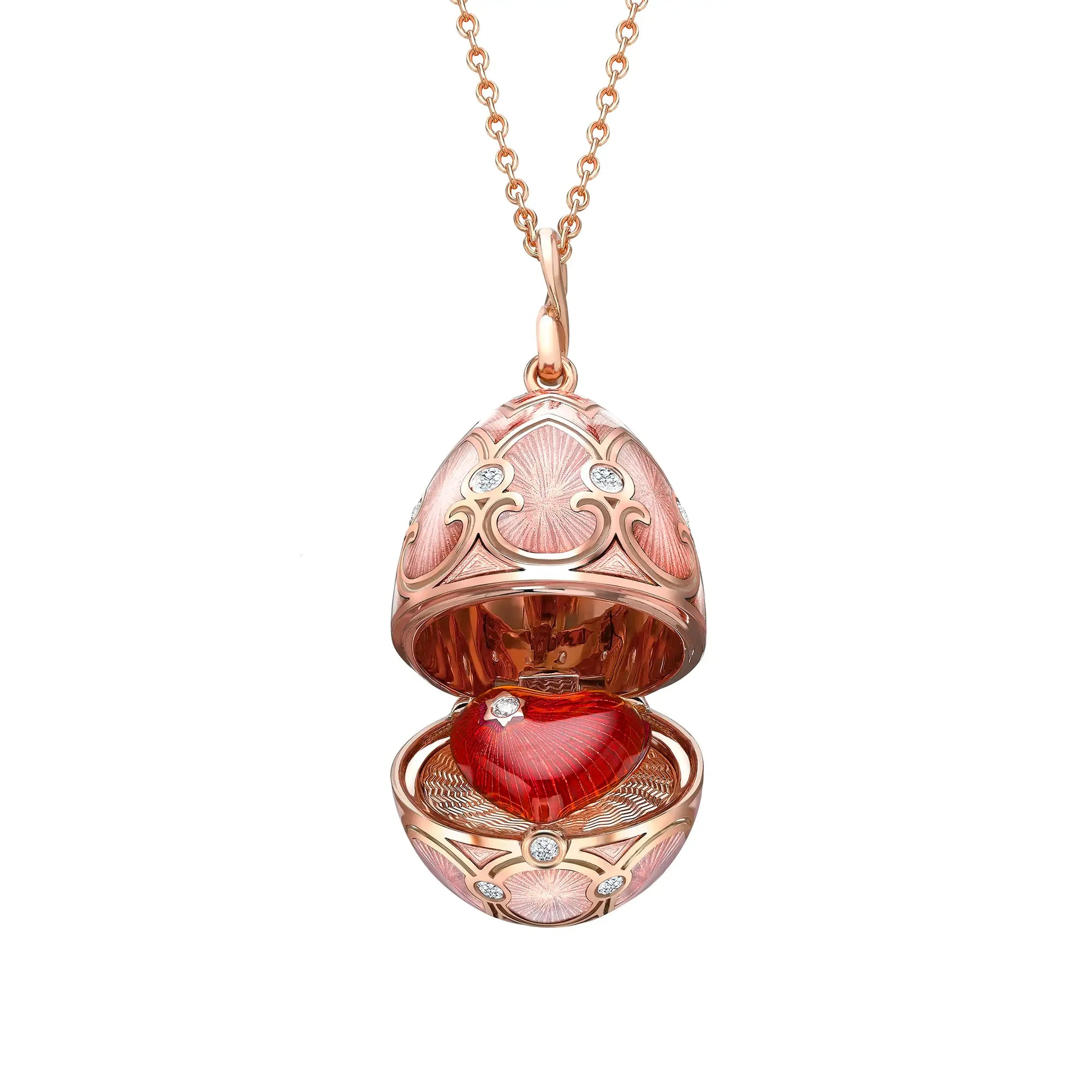 Fabergé Heritage Rose Gold Diamond & Pink Guilloché Enamel Heart Surprise Locket