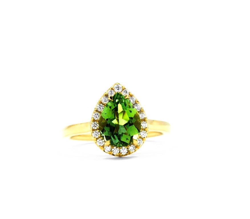 18ct Yellow Gold Green Pear Tourmaline &amp; Diamond Cosmo Castel Ring