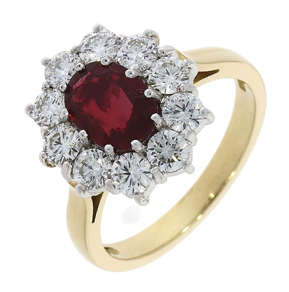 18ct Yellow gold and White Gold Claw set Oval Ruby and Diamond ring