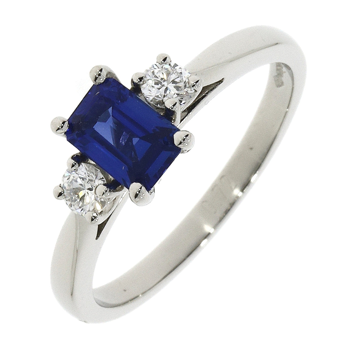 Platinum Emerald Cut Blue Sapphire and Diamond Cluster Ring