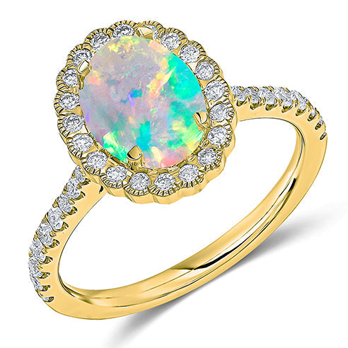 18ct Yellow Gold Oval 0.70ct Opal &amp; 0.50ct Diamond Ring