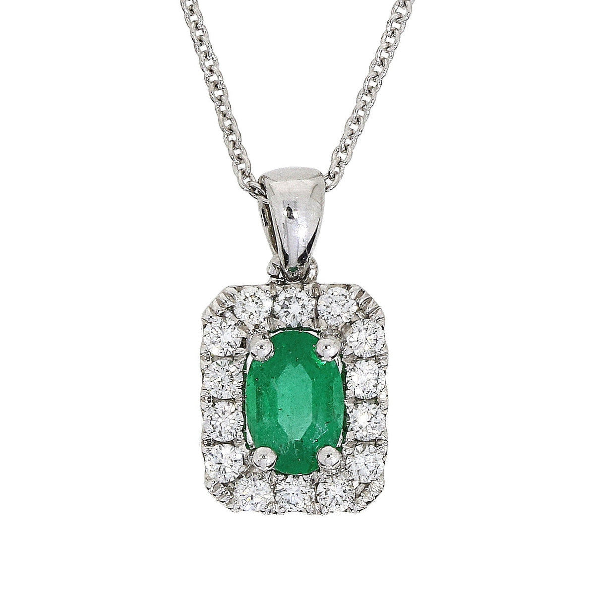 18ct WG Emerald &amp; Diamond Cluster Pendant on chain
