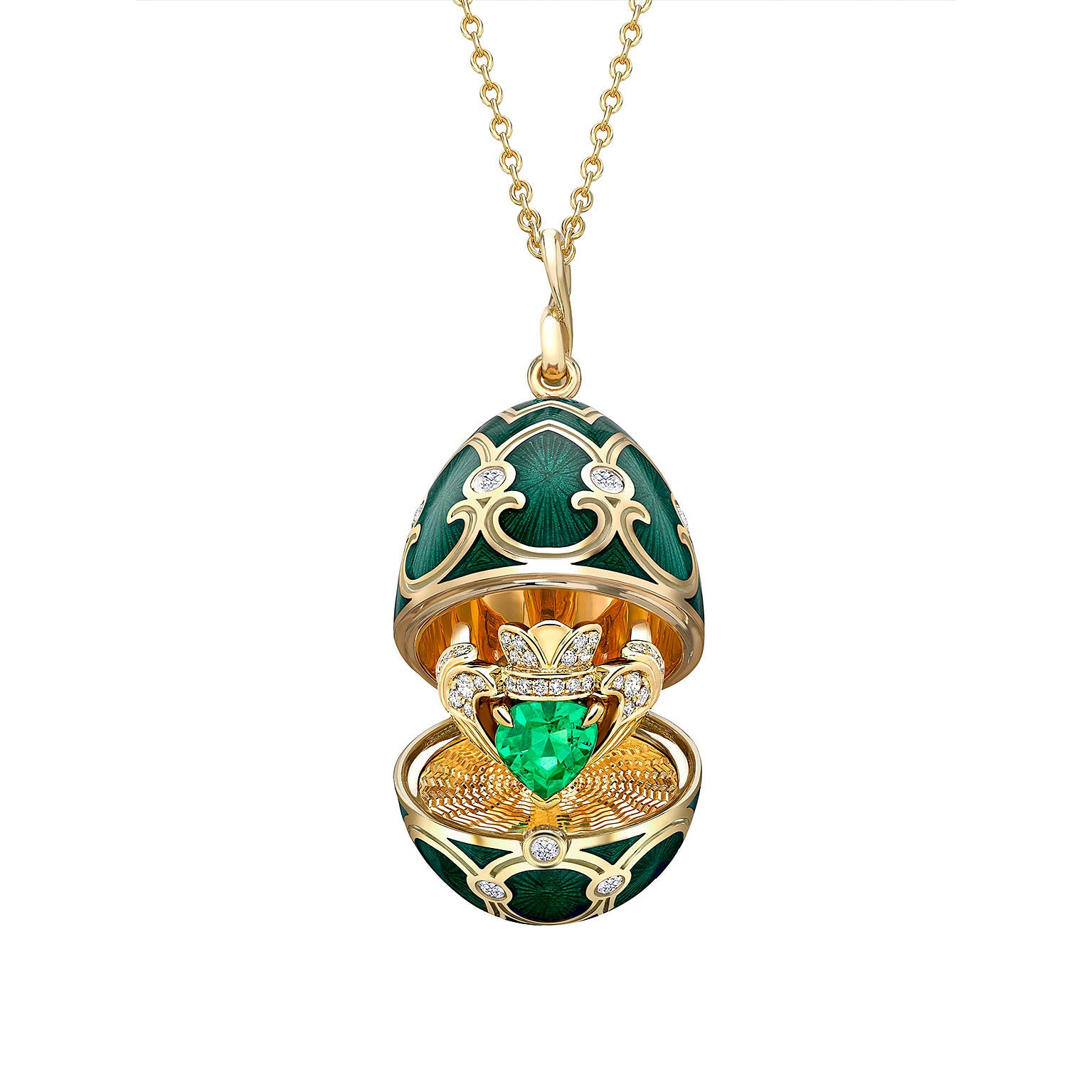 Faberge 18ct YG Heritage Diamond Guilloché Enamel Emerald Heart Claddagh Surprise Locket