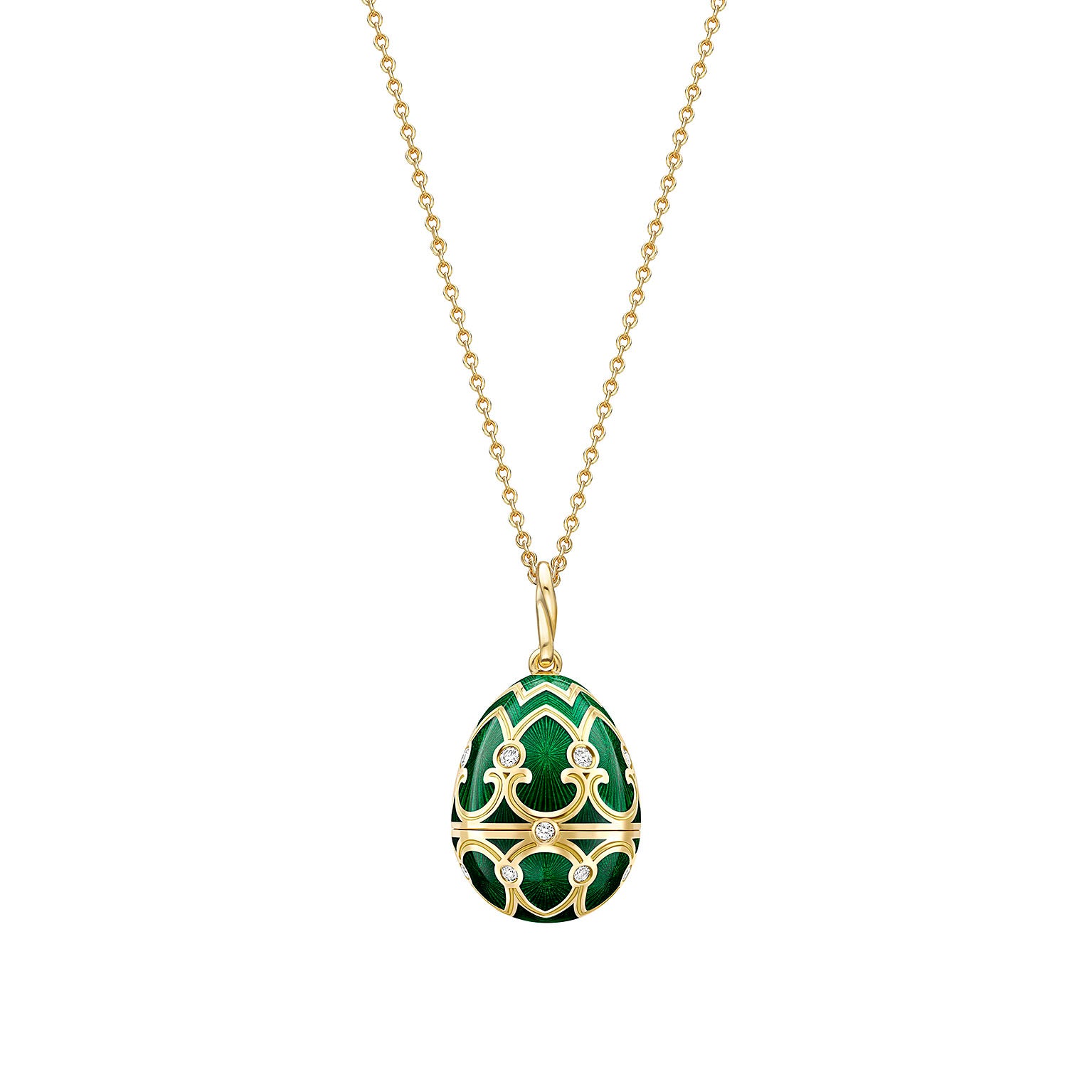 Faberge 18ct YG Heritage Diamond Guilloché Enamel Emerald Heart Claddagh Surprise Locket