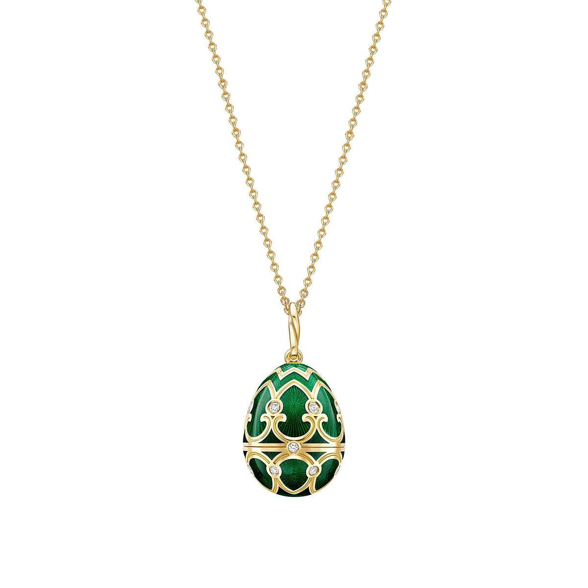 Faberge 18ct YG Heritage Diamond Guilloché Enamel Emerald Heart Claddagh Surprise Locket