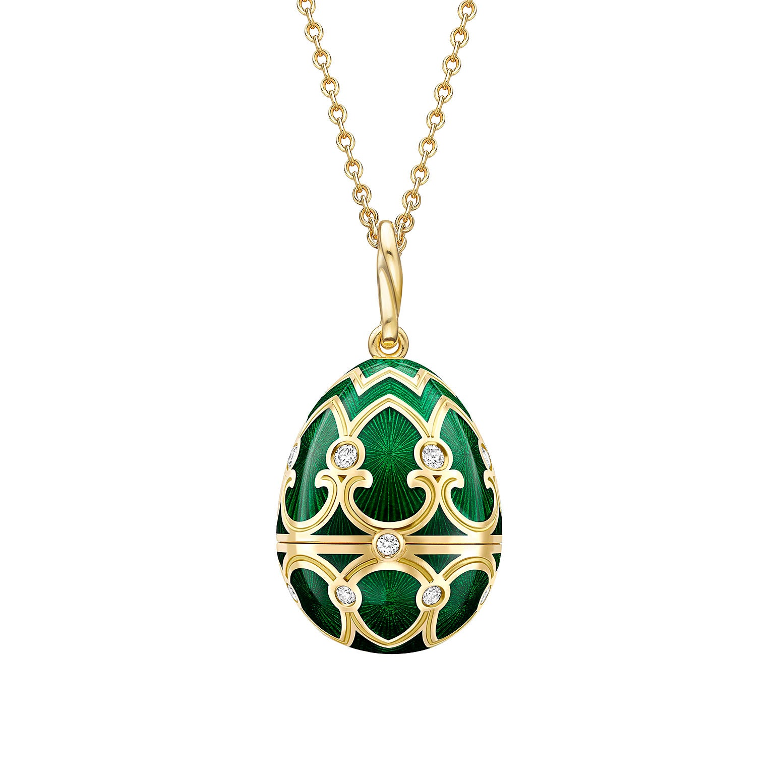 Faberge 18ct YG Heritage Diamond Guilloché Enamel Emerald Heart Claddagh Surprise Locket