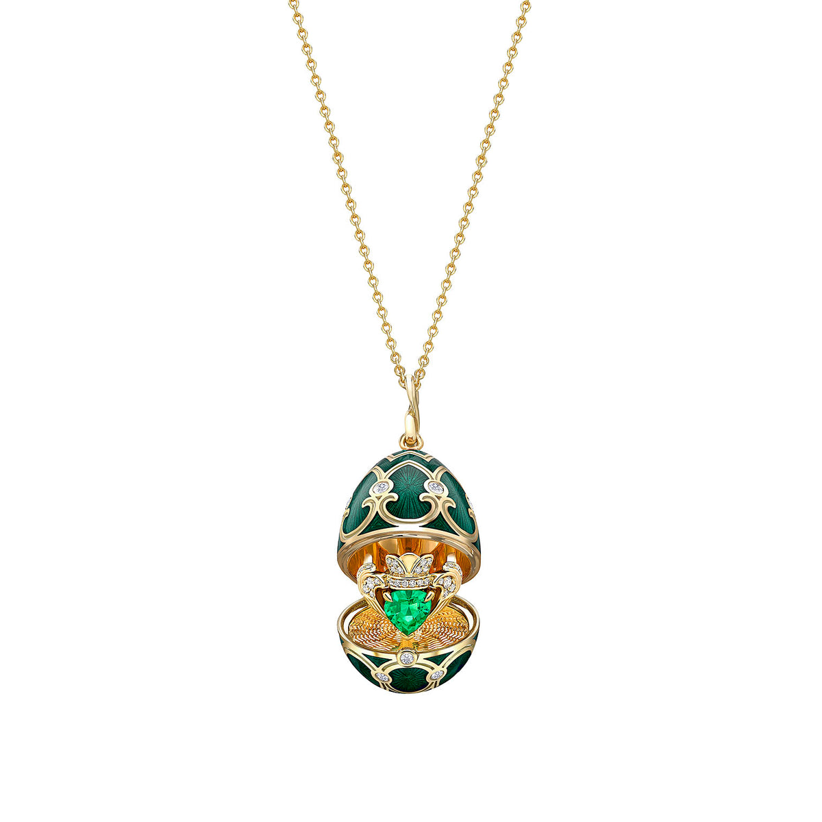 Faberge 18ct YG Heritage Diamond Guilloché Enamel Emerald Heart Claddagh Surprise Locket