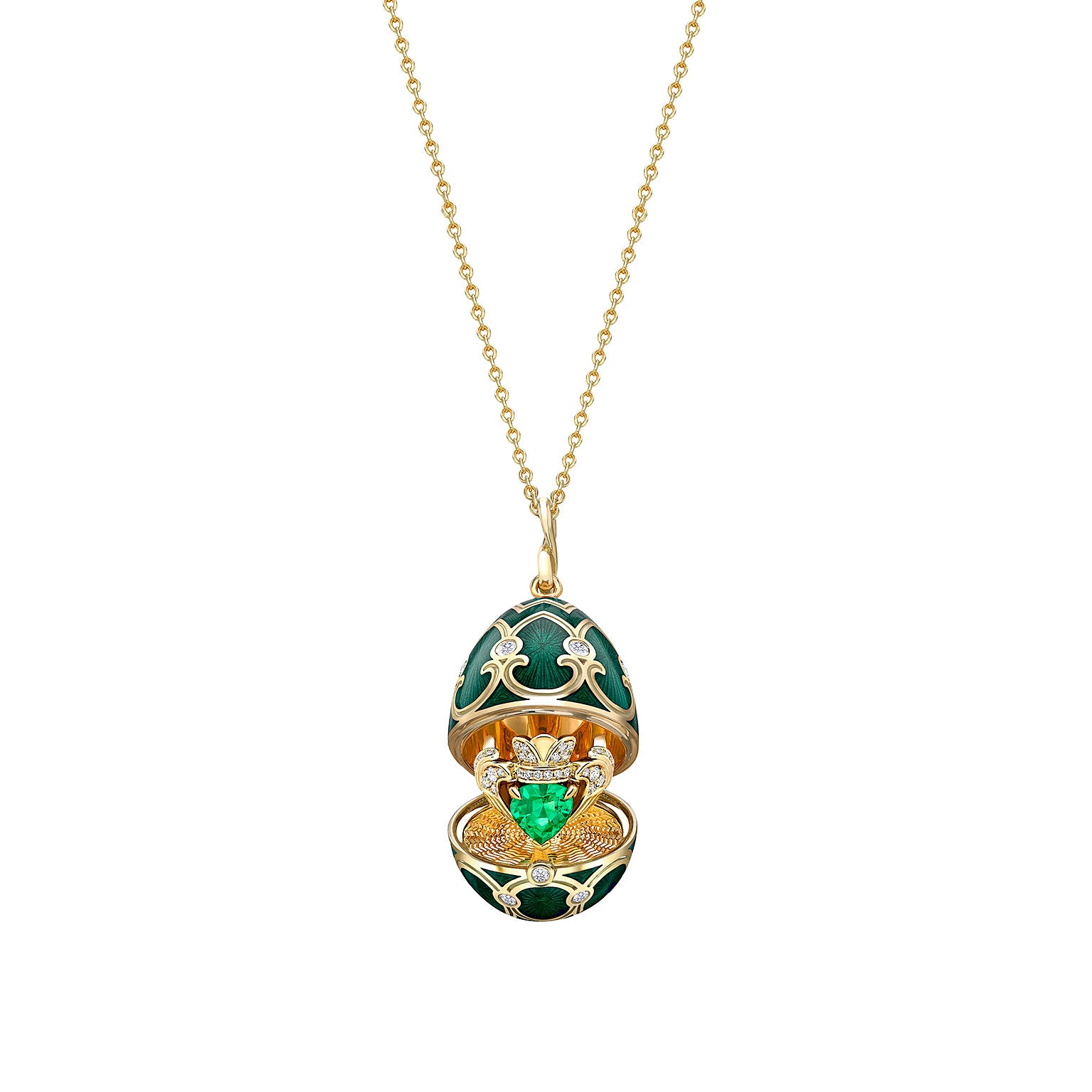 Faberge 18ct YG Heritage Diamond Guilloché Enamel Emerald Heart Claddagh Surprise Locket