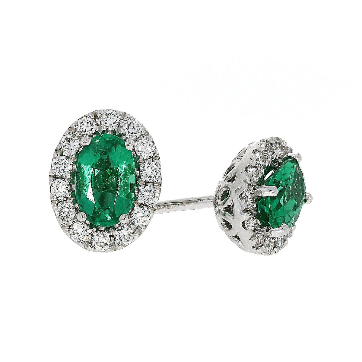 18ct White Gold Oval Emerald and Diamond Cluster Stud Earrings