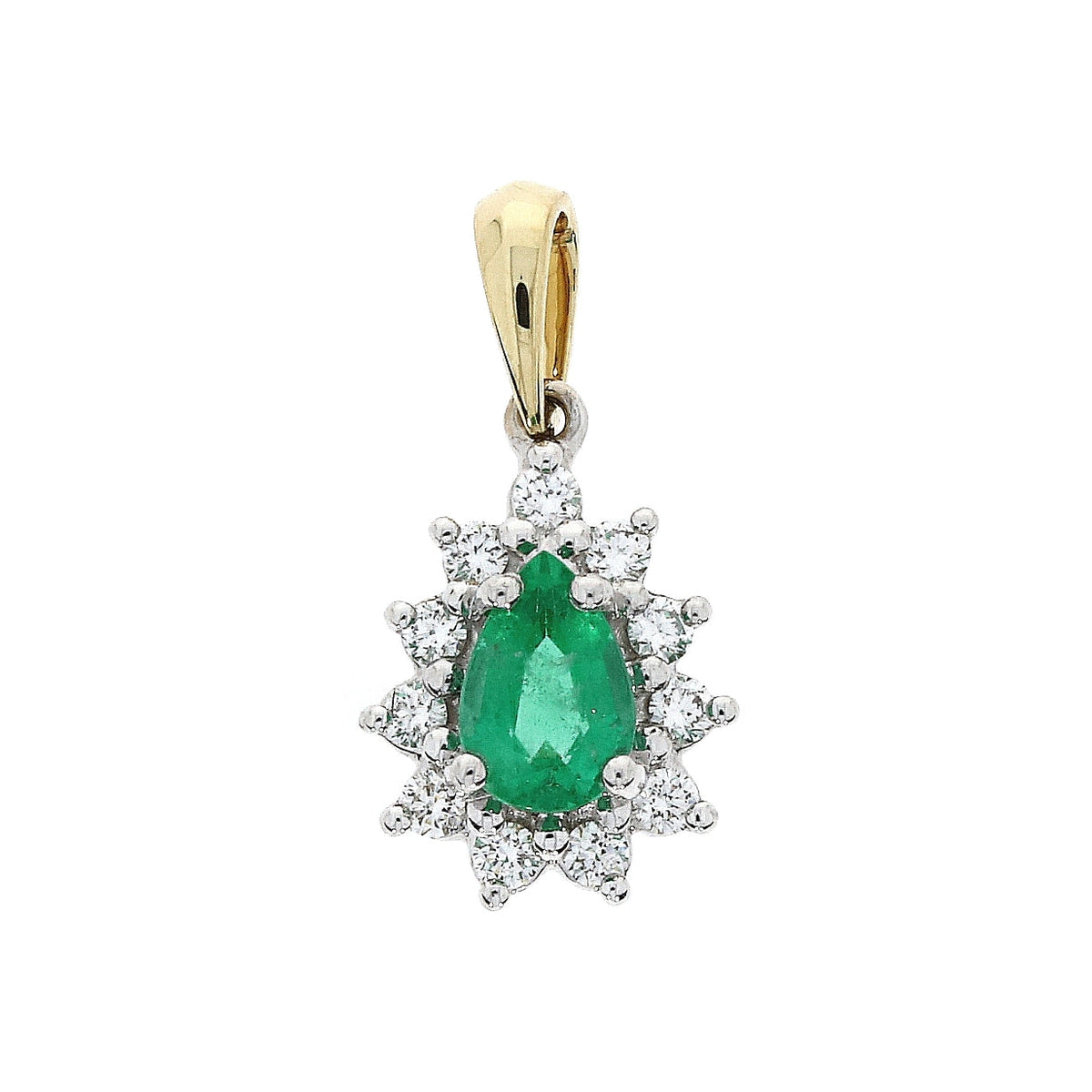 18ct Yellow and White Gold Pear Cut Emerald .34ct and Diamond 0.15ct Cluster Pendant