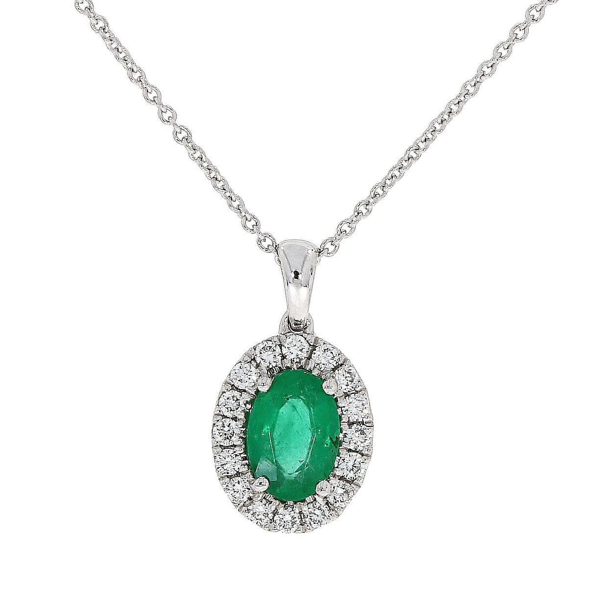 18ct White Gold Oval Emerald 0.75ct & Diamond 0.19ct Cluster Pendant on Chain