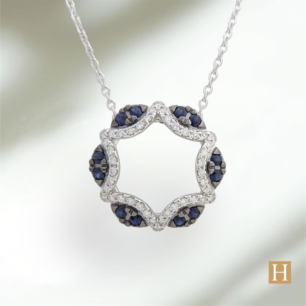 18ct White Gold Circle of Life Sapphire &amp; Diamond Pendant on Chain