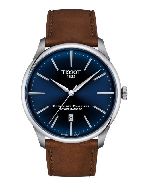 Gents Tissot 42mm Chemin des Tourelles Powermatic 80 Steel Case Blue Index Dial Brown Leather Strap T139.407.16.041.00