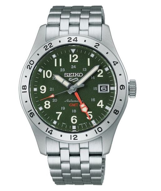Gents Seiko 39mm Automatic 5 Sports Field GMT Steel Bracelet Khaki Dial HDB001K1