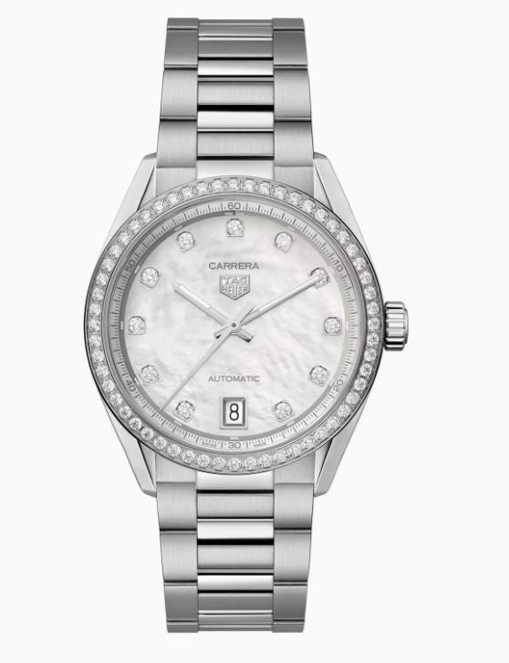 Ladies Tag Heuer 36mm Carrera Automatic Steel Bracelet Diamond Bezel White Mother of Pearl Diamond Dial 0.886ct WBN231E.BA0001