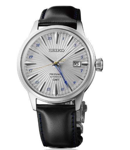 Gents Seiko Presage 40.5mm Automatic GMT Silver Bullet Steel Case Silver Dial Black Strap SSK049J1