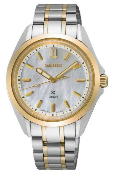 Ladies Seiko Prospex Sea Marine Sports Quartz 34mm Bi Coloured Bracelet Mother of Pearl Dial