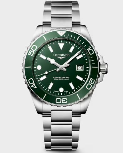 Gents Longines 42mm Hydroconquest Quartz Steel Bracelet Green Dial and Bezel 300m L3.769.4.06.6