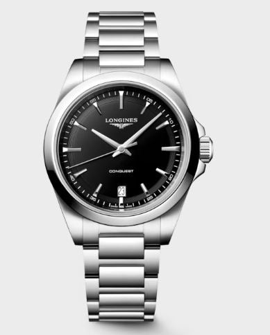 Gents Longines 38mm Conquest Quartz Steel Bracelet Black Index Dial with Date L3.750.4.52.6