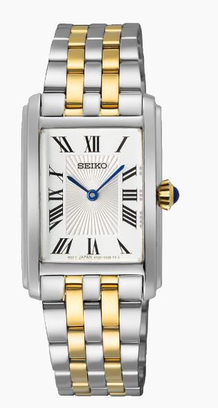 Ladies Seiko Quartz Steel and Yellow Gold Plated Bracelet Silver Roman Numeral Dial SWR087P1