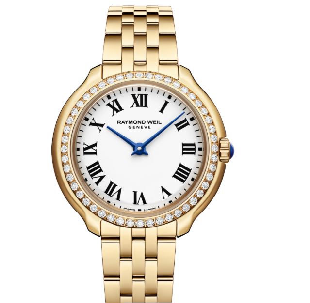 Ladies Raymond Weil 28mm Tocatta Heritage Yellow Gold PVD Bracelet LG Diamond Case Ivory Roman Numeral Dial 5250-PS-00650