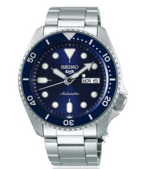 Gents Seiko 5 Automatic 42.5mm Day Date Steel Bracelet Blue Dial and Bezel