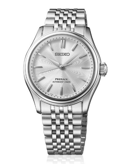 Gents Seiko 38mm Presage Automatic Steel Bracelet Silver Dial See-through Case Back