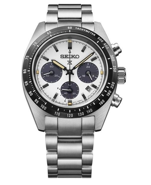 Gents Seiko 39mm Prospex Panda Solar Speedtimer Steel Bracelet White Dial SSC961P1
