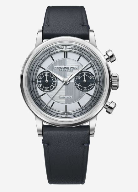 Gents Raymond Weil 39mm Millesime Jubilee Limited Edition Automatic Bi Chronograph Steel Case Light Blue Dial Leather Strap 7776-STC-65501