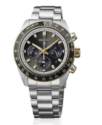 Gents Seiko 41.4mm Prospex Solar Chronograph Speedtimer Steel Bracelet Grey Dial Black Bezel HBJ002P1