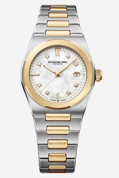 Ladies Raymond Weil ART Date 30mm Steel & Yellow Gold PVD Bracelet White Mother of Pearl LG Diamond Dial