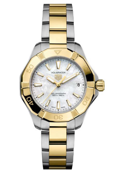 Ladies Tag Heuer 34mm Aquaracer Professional 200 Solargraph Steel and Yellow Gold Plated Bracelet White Mother of Pearl Index Dial with Date WBP1327.BB0004