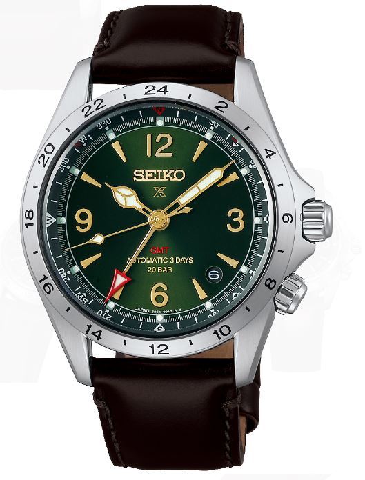 Gents Seiko 39.5mm Automatic Prospex Land Alpinist GMT Steel Case Green Dial Brown Strap