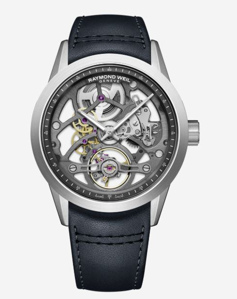 Gents Raymond Weil 40mm Automatic Freelancer Skeleton Anthracite Dial Steel Case Dark Blue Leather Strap Calibre RW1212 2786-STC-60000