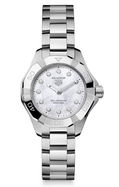 Ladies Tag Heuer Aquaracer Professional 100 Solargraph Solar Quartz 28mm Steel Bracelet White Mother of Pearl Diamond Dial