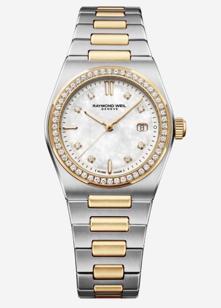 Ladies Raymond Weil 30mm ART Date Steel & Yellow Gold PVD Bracelet White Mother of Pearl LG Diamond Dial LG Diamond Bezel 0.496ct 1250-SPS-97081