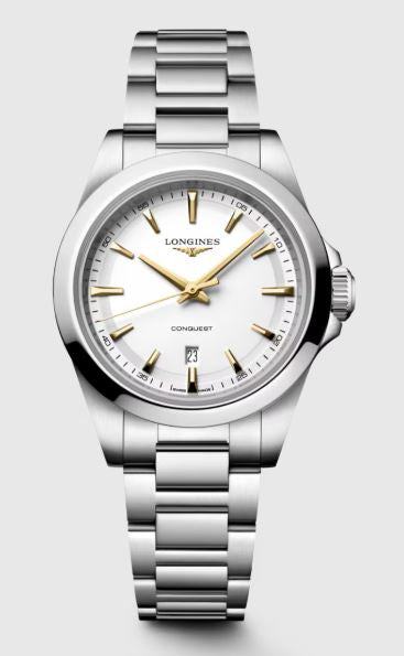 Ladies Longines 30mm Conquest Quartz Steel Bracelet White Dial with Date and Gilt Hands  L3.350.4.12.6