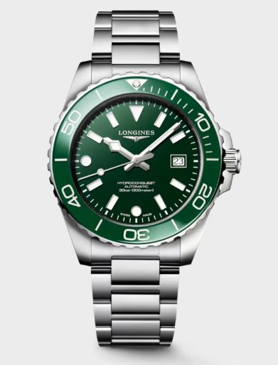 Gents Longines 42mm Hydroconquest Automatic Green Dial and Ceramic Bezel Steel Bracelet 300m L3.788.4.06.6
