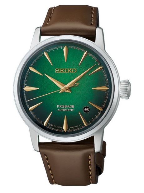 Gents Seiko 38mm Presage Automatic Crushed Ice Cocktail Time Mint Mist Steel Case Brown Strap HBC002J1