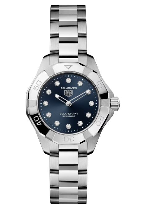 Ladies Tag Heuer Aquaracer Professional 100 Solargraph Solar Quartz 28 mm Steel Bracelet Black Diamond Dial