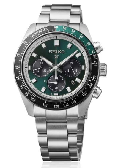 Gents Seiko 41.4mm Prospex Solar Chronograph Speedtimer Steel Bracelet Green Dial Black and Green Bezel HBJ003P1
