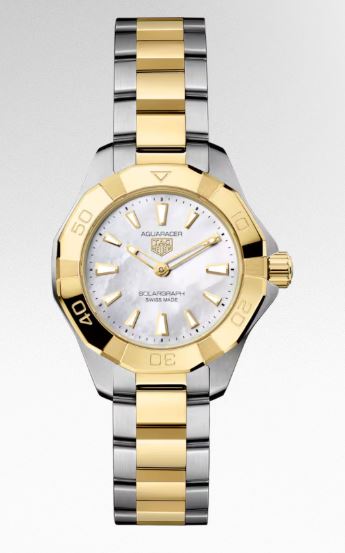 Ladies Tag Heuer 28mm Aquaracer Professional 100 Solargraph Steel and 18ct Yellow Gold PVD Bracelet White Mother of Pearl Dial WBP1423.BB0006