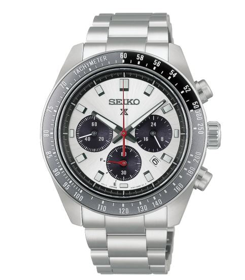 Gents Seiko Prospex 41.4mm Solar Automatic Chronograph Racing Speedtimer Steel Bracelet Silver Dial HBJ001P1