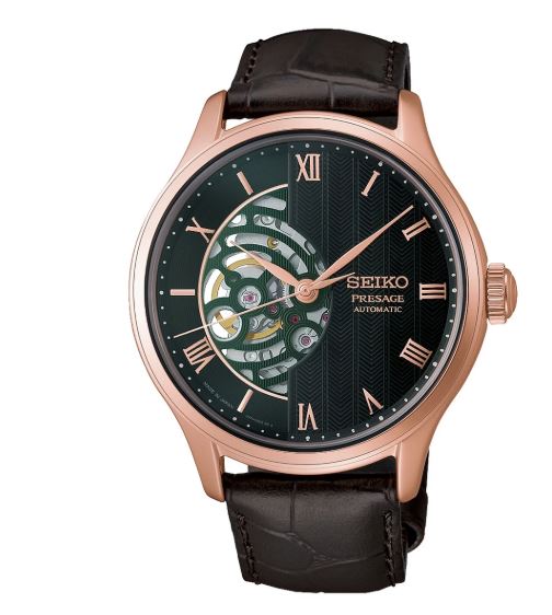 Gents Seiko Presage 41.8mm Automatic Japanese Garden Twilight Rose Case Green Dial Brown Leather Strap HCB007J1