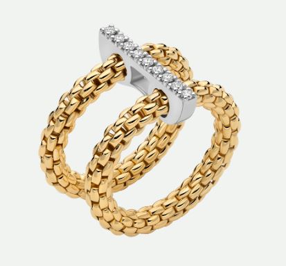18ct Yellow Gold Fope Prima Ring Double Mesh with White Gold Diamond Pave Bridge 0.15ct Medium 74008AX_BB_G_XBX_00M