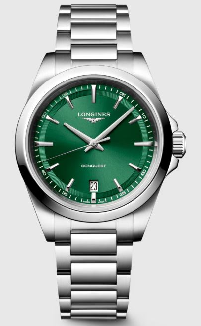 Gents Longines 38mm Conquest Quartz Steel Bracelet Green Index Dial with Date L3.750.4.09.6