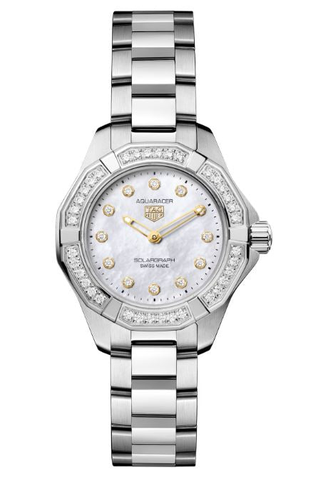 Ladies Tag Heuer Aquaracer Professional 100 Solargraph Solar Quartz 28mm Steel Bracelet Diamond Bezel White Mother of Pearl Diamond Dial