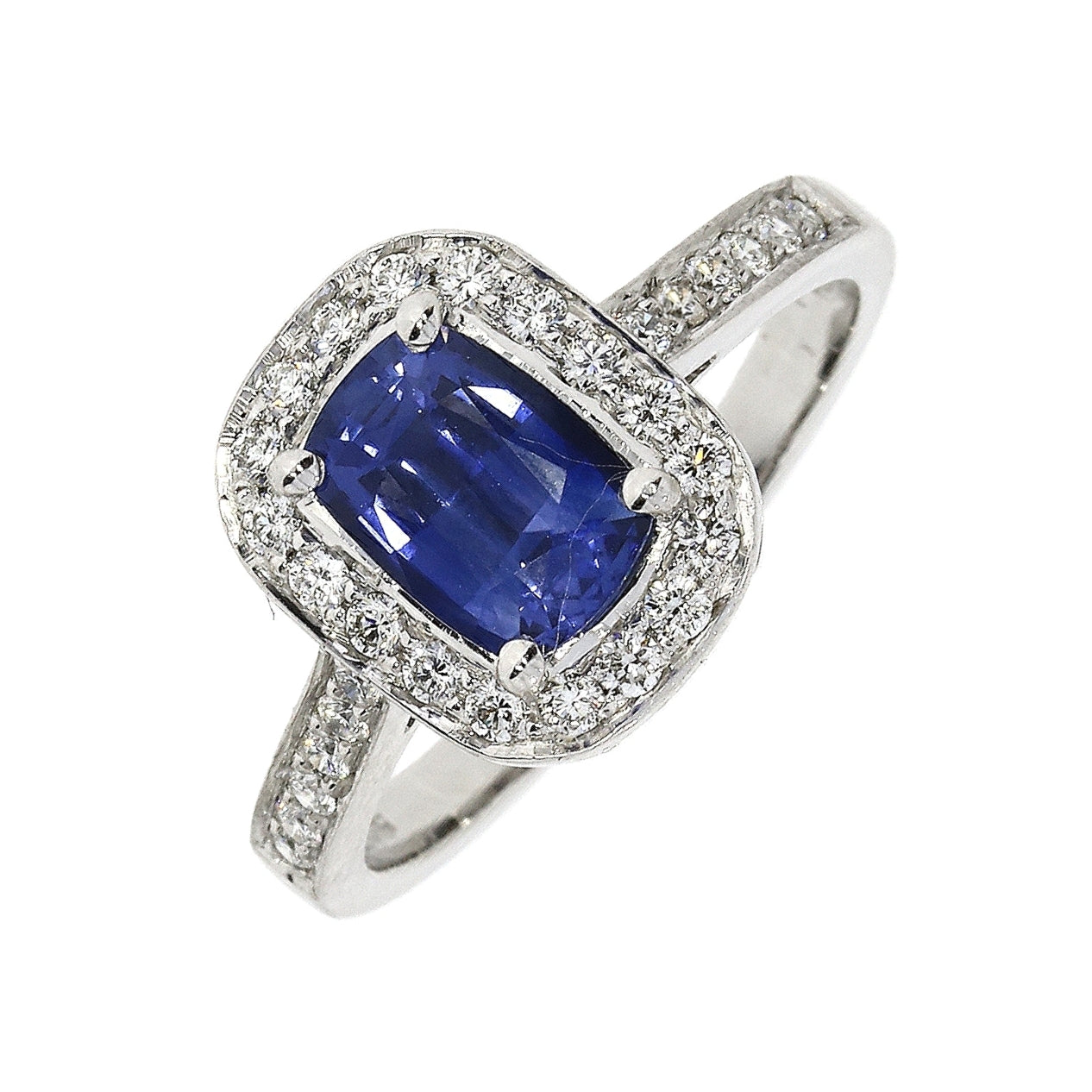 18ct White Gold Cushion Sapphire and Diamond Ring