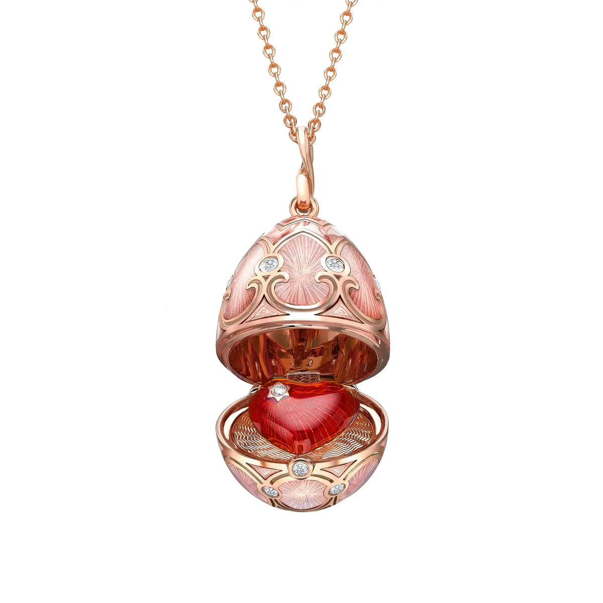 Fabergé Heritage Rose Gold Diamond &amp; Pink Guilloché Enamel Heart Surprise Locket