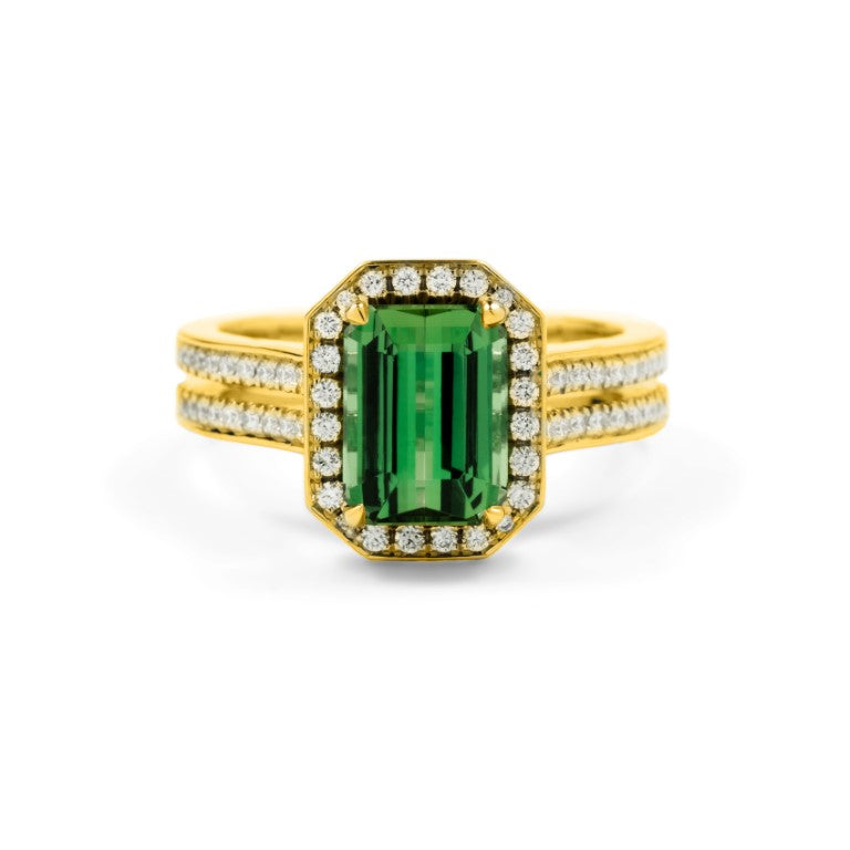 18ct Yellow Gold Emerald Cut Green Tourmaline &amp; Diamond Cosmopolitan Ring